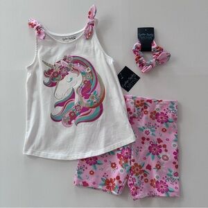 Cynthia Rowley Girls 5-6 Unicorn Top Floral Shorts Scrunchie Set Outfit NWT